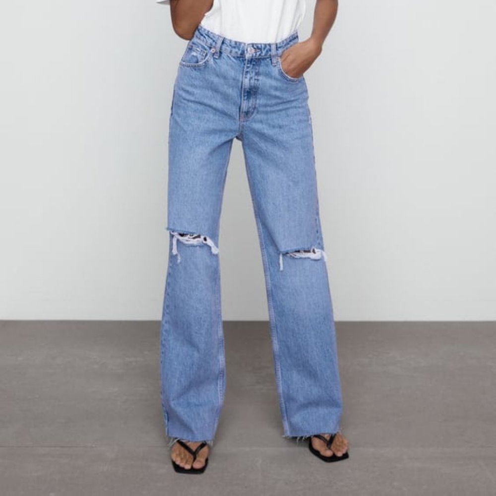 ZARA RIPPED HIGH RISE TRF WIDE LEG JEANS